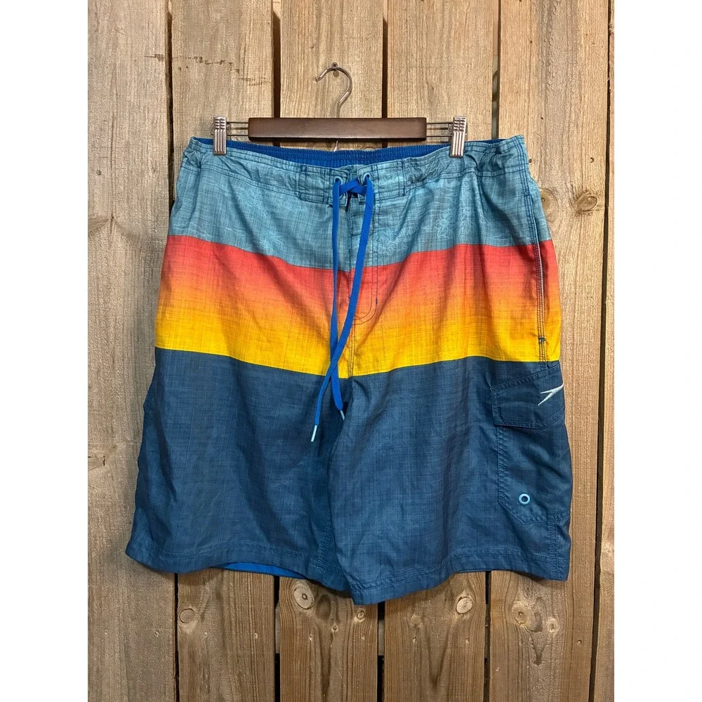 Speedo Mens XL Swim Trunks Blue Orange Sunset Colorblock Board Shorts 7840426K
